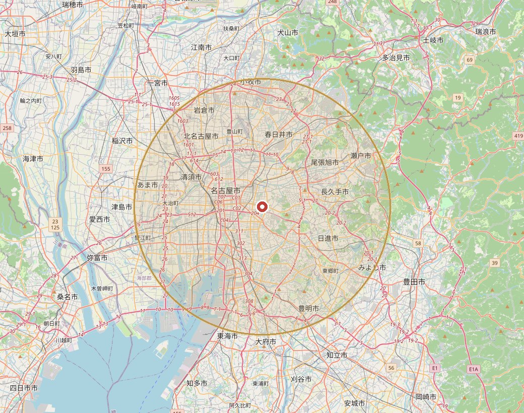 名古屋市千種区を起点とした半径16km圏の対応エリア地図